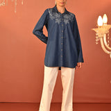 Raima Denim Blue Embroidered Denim Shirt for Women