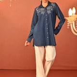 Raima Denim Blue Embroidered Denim Shirt for Women