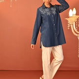 Raima Denim Blue Embroidered Denim Shirt for Women