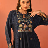 Dia Navy Blue Printed Rayon Kurta for Women