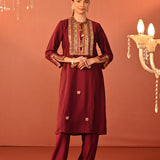 Arshia Chrome Wine Embroidered Rayon Co-ord Set for Women