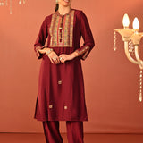 Arshia Chrome Wine Embroidered Rayon Co-ord Set for Women