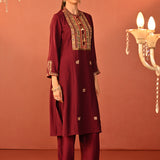 Arshia Chrome Wine Embroidered Rayon Co-ord Set for Women