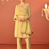 Zoya Green Embroidered Viscose Linen Co-ord Set for Women