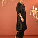 Zaaria Black Embroidered Satin Kurta Set for Women