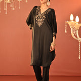 Zaaria Black Embroidered Satin Kurta Set for Women