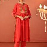 Ifrah Carrot Red Embroidered Cotton Kurta Set for Women