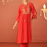 Ifrah Carrot Red Embroidered Cotton Kurta Set for Women