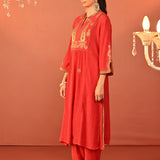 Ifrah Carrot Red Embroidered Cotton Kurta Set for Women