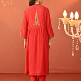 Ifrah Carrot Red Embroidered Cotton Kurta Set for Women