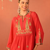 Ifrah Carrot Red Embroidered Cotton Kurta Set for Women