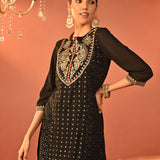 Jasleen Black Georgette Jacquard Embroidered Kurta Set for Women