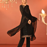 Jasleen Black Georgette Jacquard Embroidered Kurta Set for Women