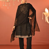 Jasleen Black Georgette Jacquard Embroidered Kurta Set for Women