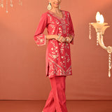 Areeba Coral Embroidered Cotton Linen Designer Kurta Set for Women