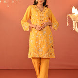 Areeba Chrome Yellow Embroidered Cotton Linen Designer Kurta Set for Women