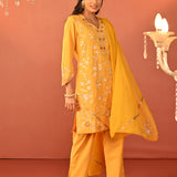 Areeba Chrome Yellow Embroidered Cotton Linen Designer Kurta Set for Women