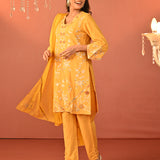 Areeba Chrome Yellow Embroidered Cotton Linen Designer Kurta Set for Women