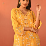 Areeba Chrome Yellow Embroidered Cotton Linen Designer Kurta Set for Women