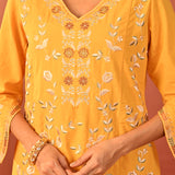 Areeba Chrome Yellow Embroidered Cotton Linen Designer Kurta Set for Women