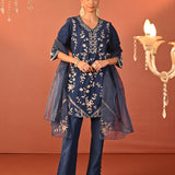 Areeba Indigo Embroidered Cotton Linen Designer Kurta Set for Women