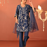 Areeba Indigo Embroidered Cotton Linen Designer Kurta Set for Women