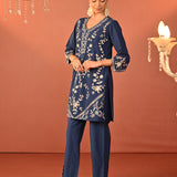 Areeba Indigo Embroidered Cotton Linen Designer Kurta Set for Women