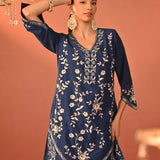 Areeba Indigo Embroidered Cotton Linen Designer Kurta Set for Women