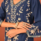 Areeba Indigo Embroidered Cotton Linen Designer Kurta Set for Women