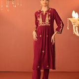 Ifrah Plum Embroidered Cotton Kurta Set for Women