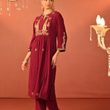 Ifrah Plum Embroidered Cotton Kurta Set for Women