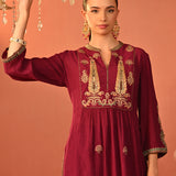 Ifrah Plum Embroidered Cotton Kurta Set for Women