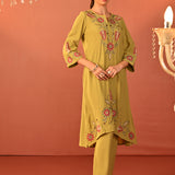 Noorain Pista Green Embroidered Cotton Linen Co-ord Set for Women