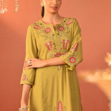 Noorain Pista Green Embroidered Cotton Linen Co-ord Set for Women