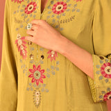 Noorain Pista Green Embroidered Cotton Linen Co-ord Set for Women