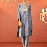 Wamiqa Berry Blue Embroidered Rayon Co-ord Set for Women