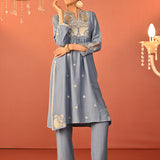 Wamiqa Berry Blue Embroidered Rayon Co-ord Set for Women