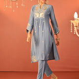 Wamiqa Berry Blue Embroidered Rayon Co-ord Set for Women