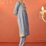 Wamiqa Berry Blue Embroidered Rayon Co-ord Set for Women