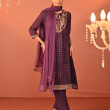 Jasleen Deep Purple Georgette Jacquard Embroidered Kurta Set for Women