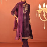 Jasleen Deep Purple Georgette Jacquard Embroidered Kurta Set for Women