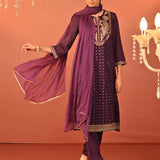 Jasleen Deep Purple Georgette Jacquard Embroidered Kurta Set for Women