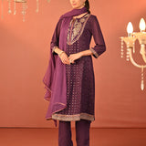 Jasleen Deep Purple Georgette Jacquard Embroidered Kurta Set for Women