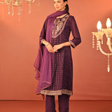 Jasleen Deep Purple Georgette Jacquard Embroidered Kurta Set for Women