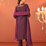 Jasleen Deep Purple Georgette Jacquard Embroidered Kurta Set for Women