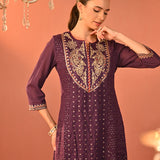 Jasleen Deep Purple Georgette Jacquard Embroidered Kurta Set for Women