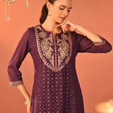 Jasleen Deep Purple Georgette Jacquard Embroidered Kurta Set for Women