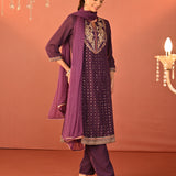 Jasleen Deep Purple Georgette Jacquard Embroidered Kurta Set for Women