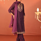 Jasleen Deep Purple Georgette Jacquard Embroidered Kurta Set for Women