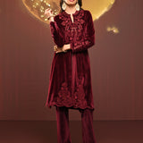 Nitara Maroon Embroidered Velvet Co-ord Set for Women